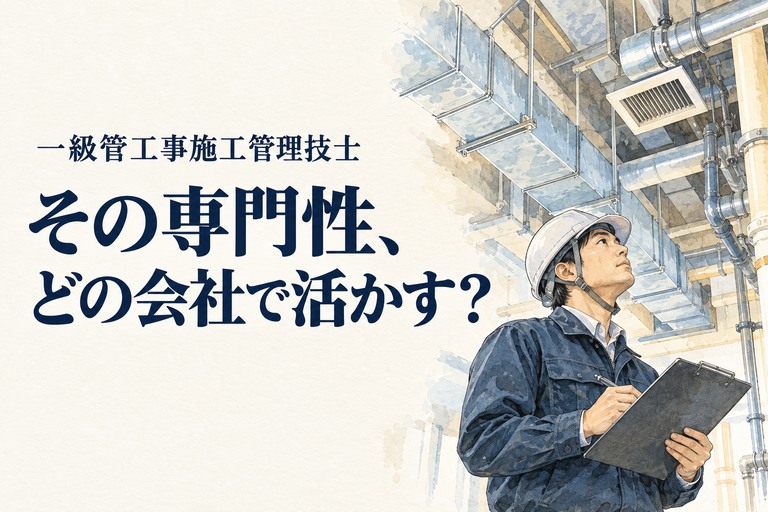 1級管工事施工管理技士・年収の記事画像。空調ダクトと配管を確認する設備技術者と「その専門性、どの会社で活かす？」の見出し