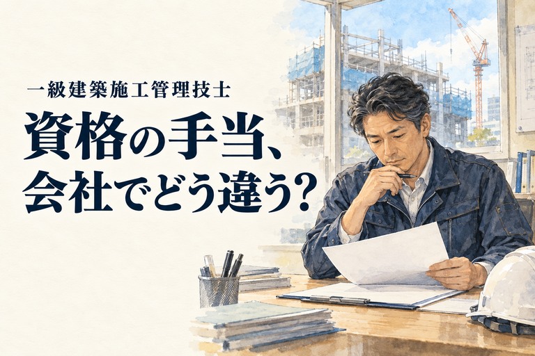 1級建築施工管理技士・年収の記事画像。建築現場の事務所で書類を確認する技術者と「資格の手当、会社でどう違う？」の見出し