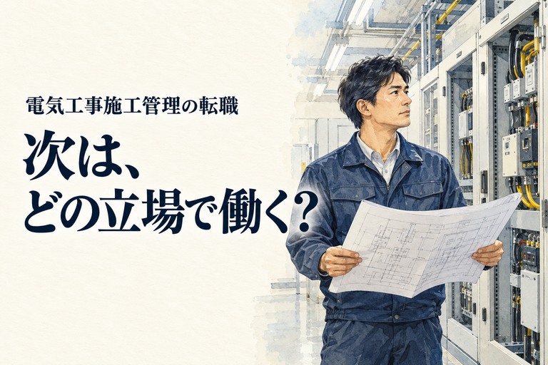 電気・施工管理・転職の記事画像。電気設備室で配線図を確認する施工管理技術者と「次は、どの立場で働く？」の見出し