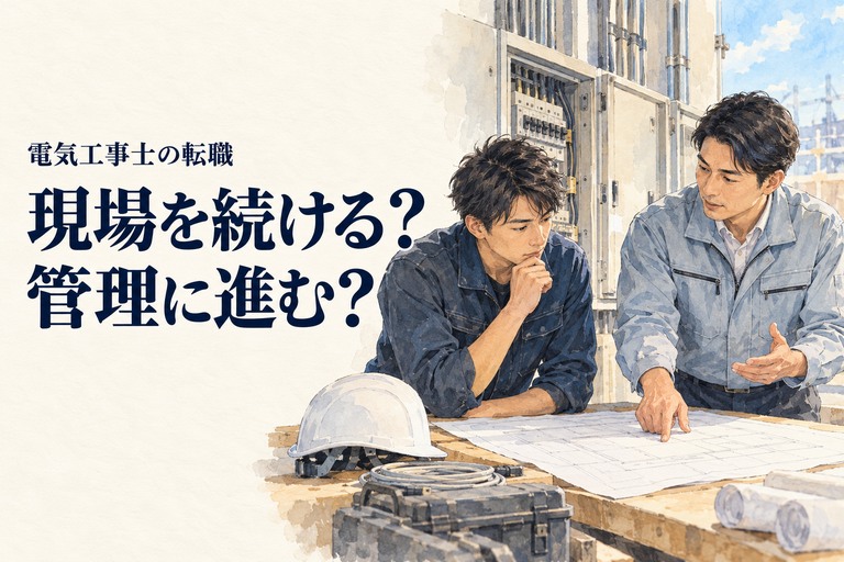 電気工事士・転職の記事画像。電気工事士と施工管理技術者が図面を囲んで相談する場面と「現場を続ける？管理に進む？」の見出し