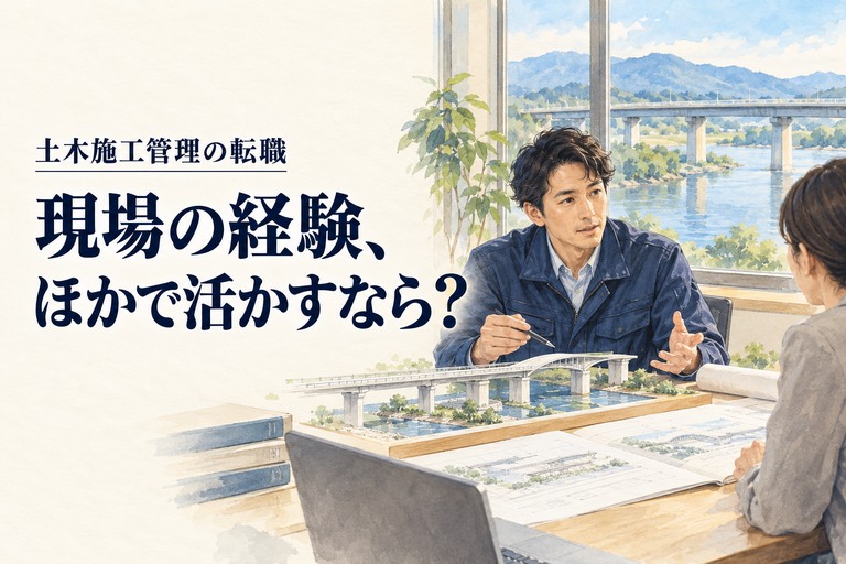 土木・施工管理・転職の記事画像。橋の模型を前に転職先の仕事を考える土木技術者と「現場の経験、ほかで活かすなら？」の見出し