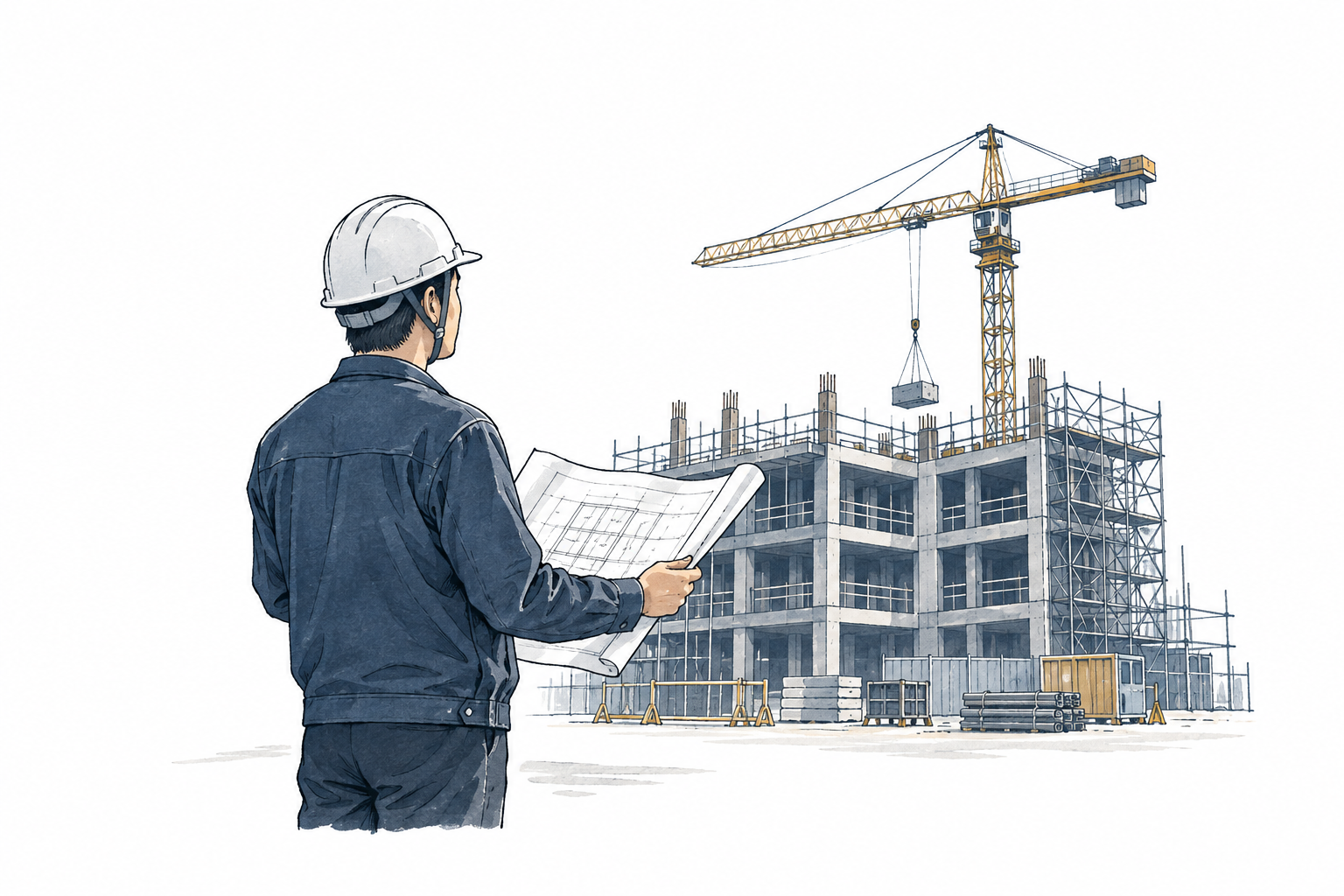 図面を手に、建設中の建物と工程を確認する施工管理者のイラスト
