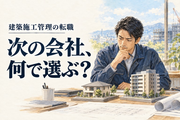建築・施工管理・転職の記事画像。住宅とビルの模型を見比べる建築施工管理技術者と「次の会社、何で選ぶ？」の見出し