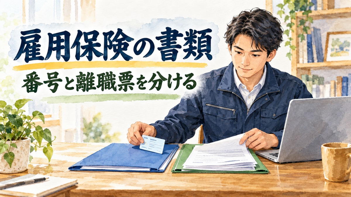 施工管理経験者が転職に備えて自宅で雇用保険の被保険者証と離職票を分けて確認する水彩イラスト