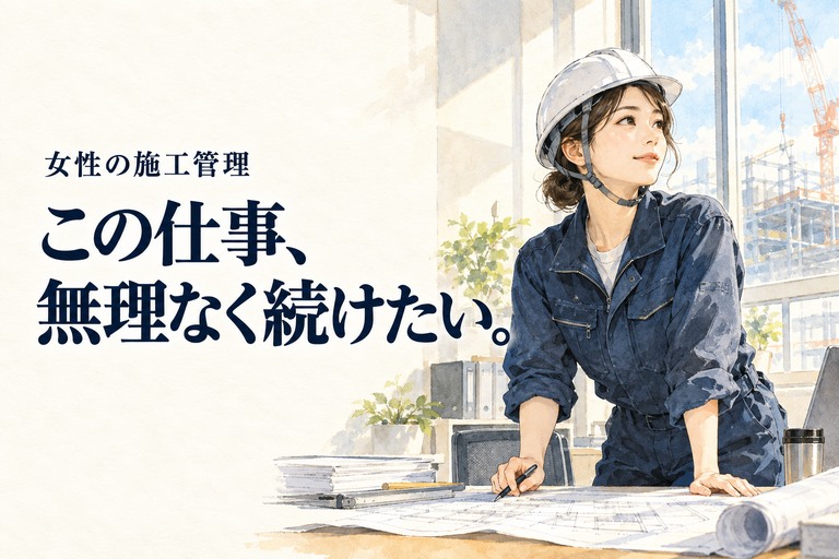 女性・施工管理の記事画像。明るい現場事務所で仕事の計画を確認する女性技術者と「この仕事、無理なく続けたい。」の見出し