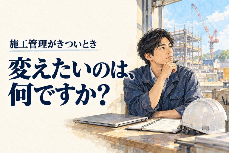 施工管理・きついの記事画像。工程表とヘルメットを前に働き方を考える施工管理技術者と「変えたいのは、何ですか?」の見出し