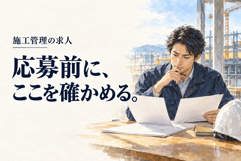 施工管理・求人の記事画像。机で求人票を見比べる施工管理技術者と「応募前に、ここを確かめる。」の見出し