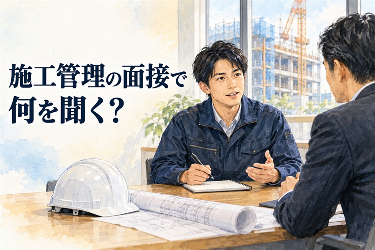 施工管理・面接・逆質問の記事画像。図面を前に採用担当者へ質問する応募者と「施工管理の面接で何を聞く?」の見出し