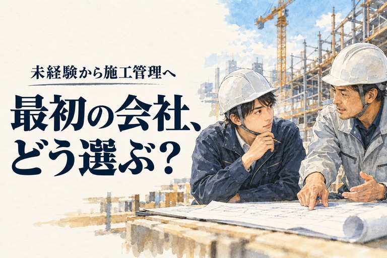 施工管理・未経験の記事画像。図面を見ながら先輩の説明を聞く未経験の技術者と「最初の会社、どう選ぶ？」の見出し