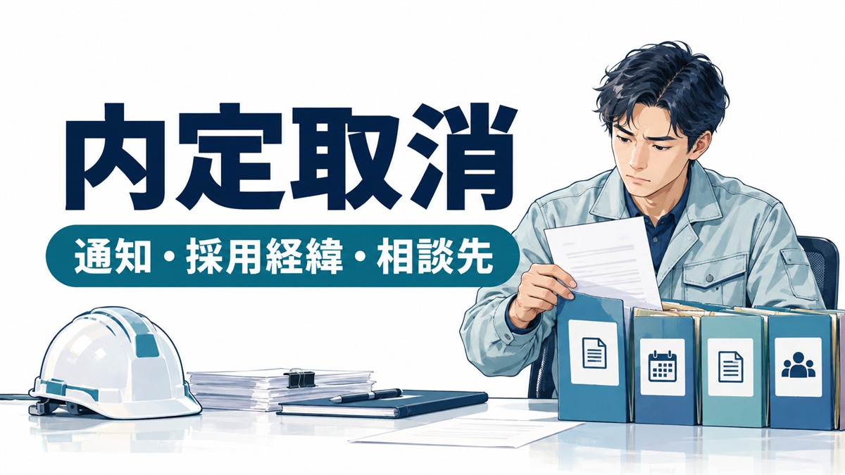 施工管理経験者が転職の内定取消通知を読み、通知・採用経緯・相談先を確認する資料を整理するイラスト