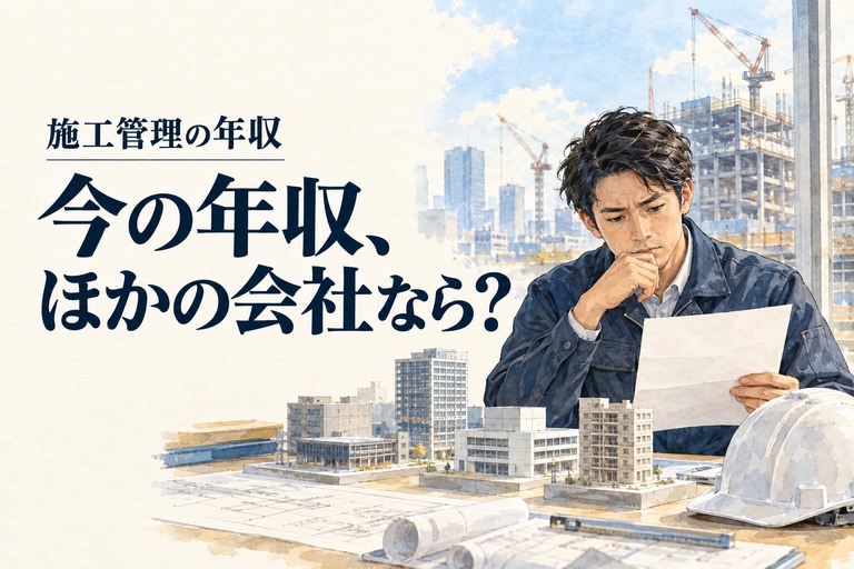 施工管理・年収の記事画像。給与の資料と規模の違う建物の模型を見る施工管理技術者と「今の年収、ほかの会社なら?」の見出し