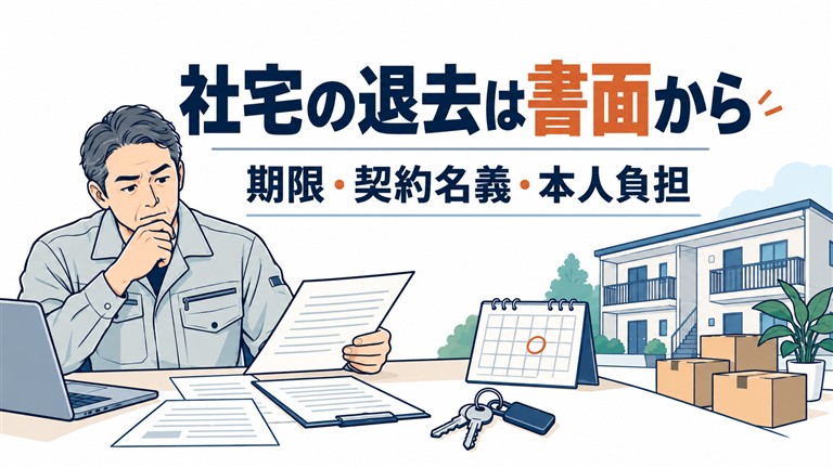 施工管理経験者が転職で社宅を退去する前に、期限・契約名義・本人負担の書面と鍵を確認するイラスト