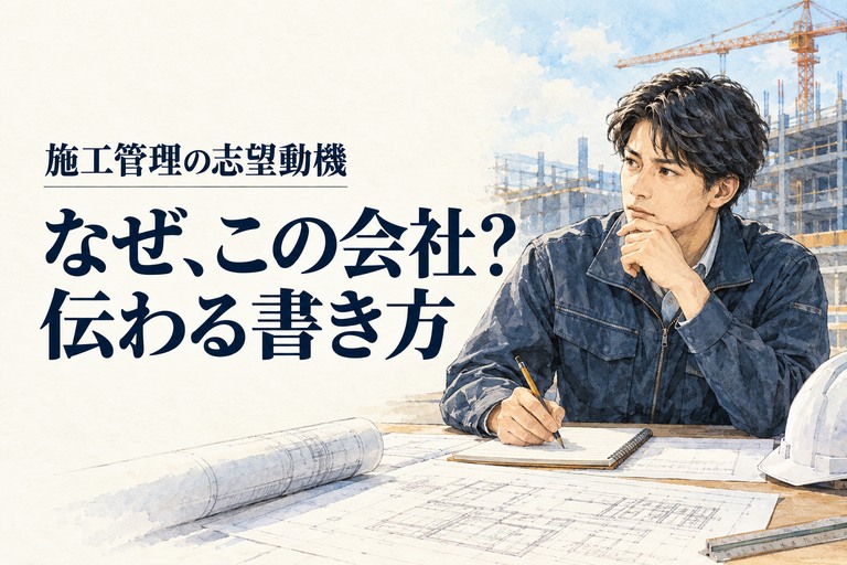施工管理・志望動機の記事画像。図面と応募書類を前に志望動機を考える施工管理技術者と「なぜ、この会社？伝わる書き方」の見出し