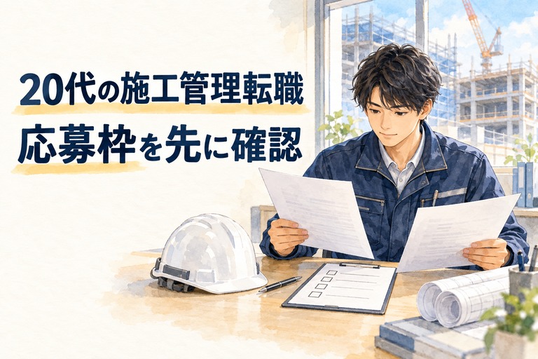 20代・施工管理・転職の記事画像。応募書類を見比べる若手技術者と「20代の施工管理転職 応募枠を先に確認」の見出し