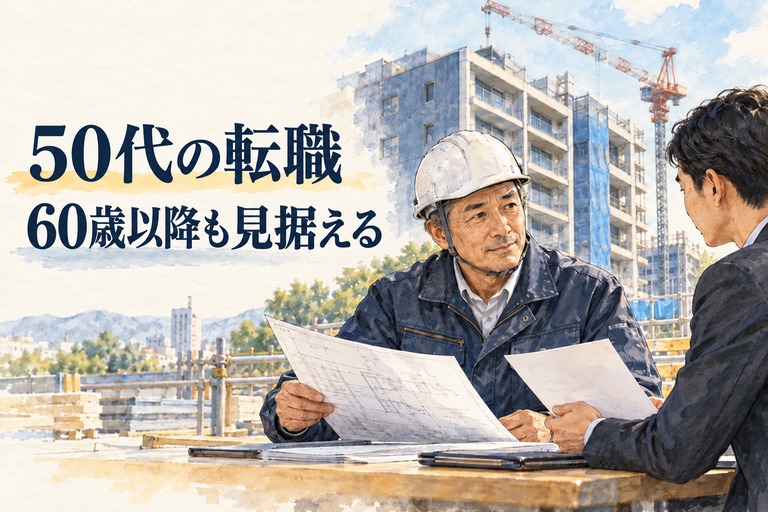 50代・施工管理・転職の記事画像。図面を手に転職先の担当者と話すベテラン技術者と「50代の転職 60歳以降も見据える」の見出し