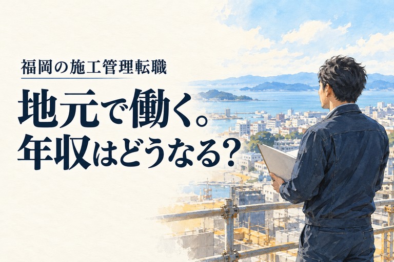 福岡・施工管理・転職の記事画像。海沿いの街を背に勤務条件の資料を見る施工管理技術者と「地元で働く。年収はどうなる?」の見出し