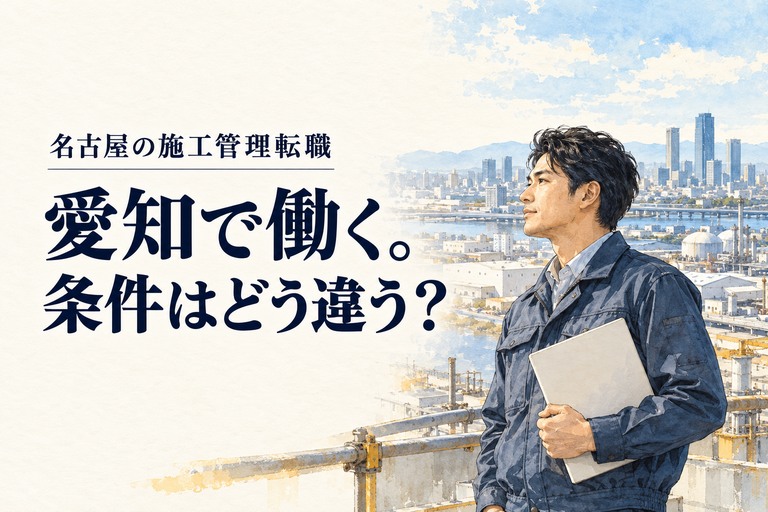名古屋・施工管理・転職の記事画像。街と工場を背に転職条件を考える施工管理技術者と「愛知で働く。条件はどう違う?」の見出し
