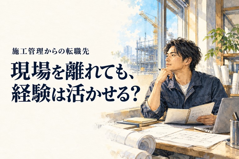 施工管理・転職先の記事画像。現場の見える事務所で次の仕事を考える施工管理技術者と「現場を離れても、経験は活かせる?」の見出し