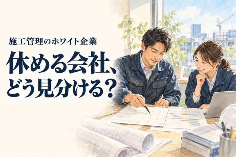 施工管理・ホワイトの記事画像。勤務予定と工程表を同僚と確認する施工管理技術者と「休める会社、どう見分ける？」の見出し