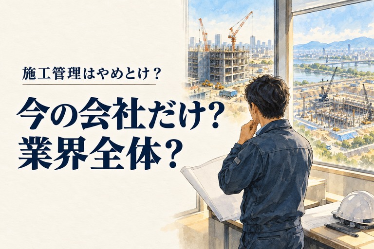 施工管理・やめとけの記事画像。異なる工事現場の図面を見比べる施工管理技術者と「今の会社だけ？業界全体？」の見出し