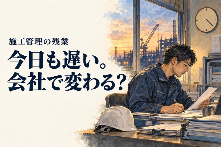 施工管理・残業の記事画像。夕方の現場事務所で書類を片付ける施工管理技術者と「今日も遅い。会社で変わる?」の見出し