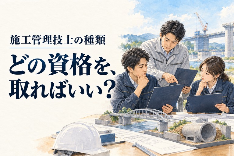 施工管理技士・種類の記事画像。建築と土木と設備の技術者が資格の書類を見比べる場面と「どの資格を、取ればいい？」の見出し