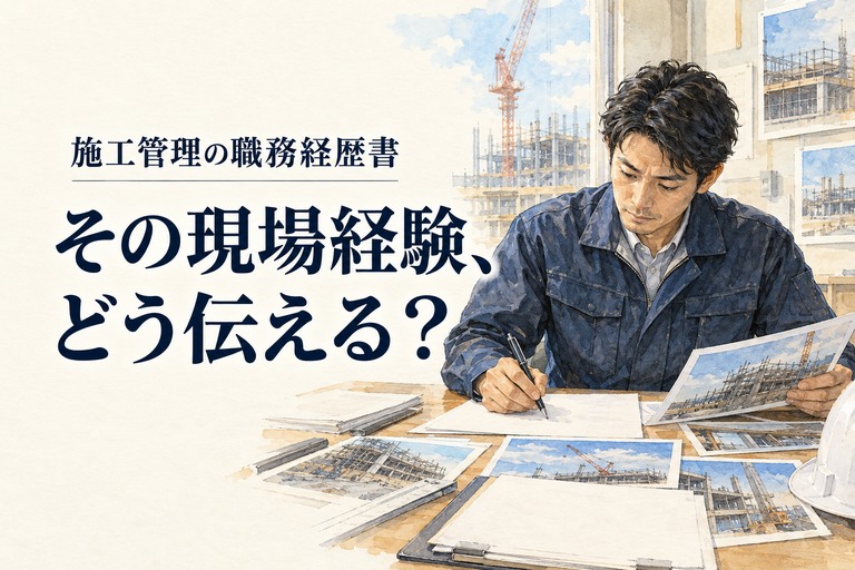 施工管理・職務経歴書の記事画像。工事写真と経歴の書類を机に並べる施工管理技術者と「その現場経験、どう伝える?」の見出し
