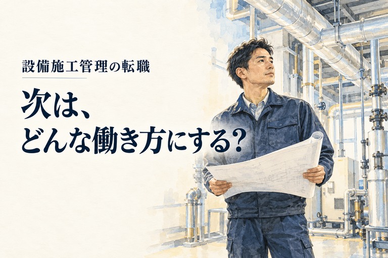 設備・施工管理・転職の記事画像。配管と空調機のある機械室で図面を持つ設備施工管理技術者と「次は、どんな働き方にする？」の見出し